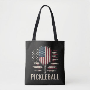 Pickleball Player US Flag Retro Paddleball Tote Bag