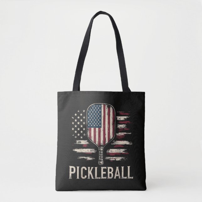 Pickleball Player US Flag Retro Paddleball Tote Bag (Front)