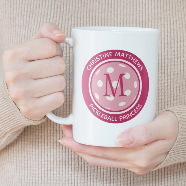 Pickleball Princess Custom Quote Name Initial Pink Large Coffee Mug (Pickleball Princess Custom Quote Name Initial Pink Giant Coffee Mug)