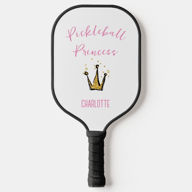 Pickleball Princess Gold Glitter Custom Name Pink Paddle (Front)