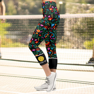 Pickleball Print Fun Colourful Floral Custom Text Capri Leggings