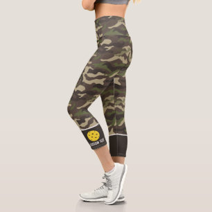 Pickleball Print Green Camo Pattern Custom Text Capri Leggings