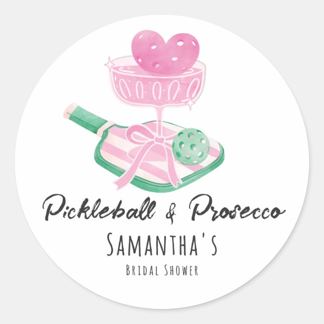 Pickleball & Prosecco Retro Couples Bridal Shower Classic Round Sticker (Front)