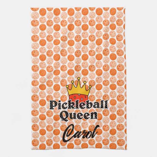 Pickleball Queen Orange Ball in Crown Personalised Tea Towel (Vertical)