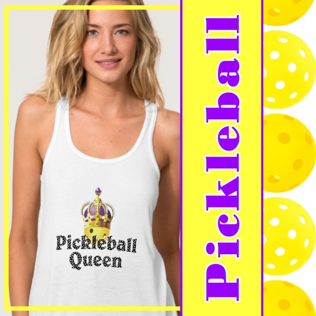 Pickleball Queen, Yellow Ball Purple, Gold Crown Singlet (pickleball queen yellow pickleball in gold crown with purple.)