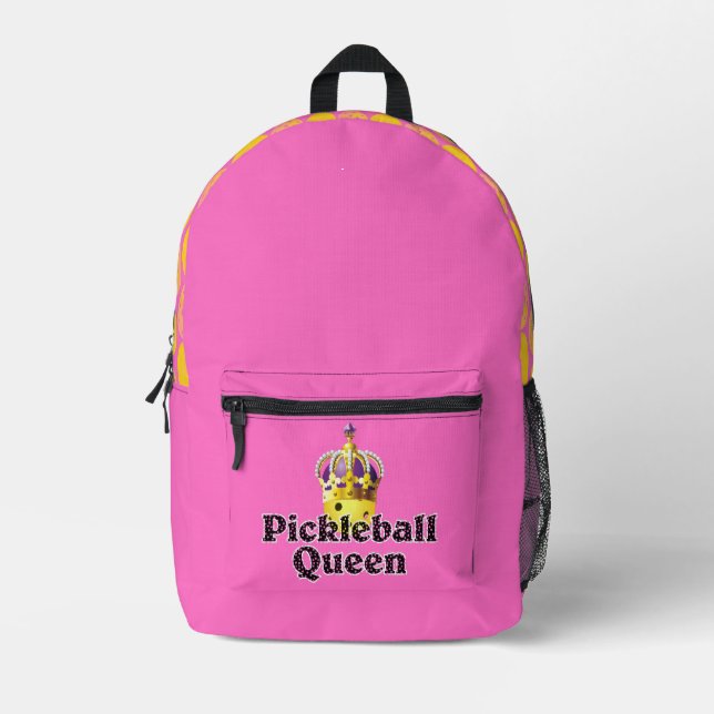 Pickleball Queen Yellow Ball wearing Crown Pink Printed Backpack (Front)