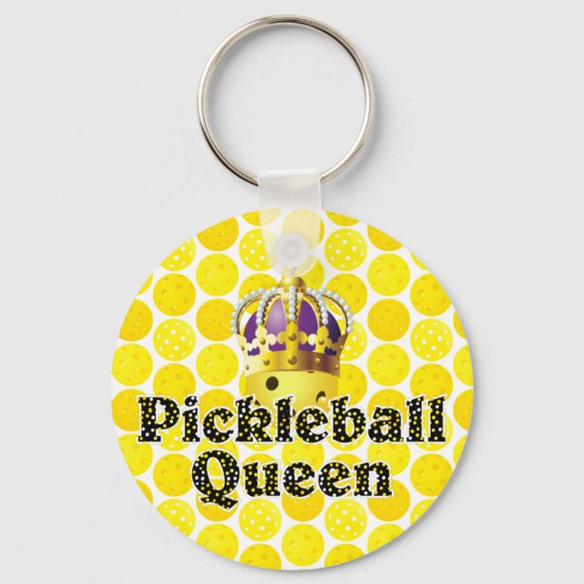Pickleball Queen - Yellow Pickleball Wearing Crown Key Ring (Front)