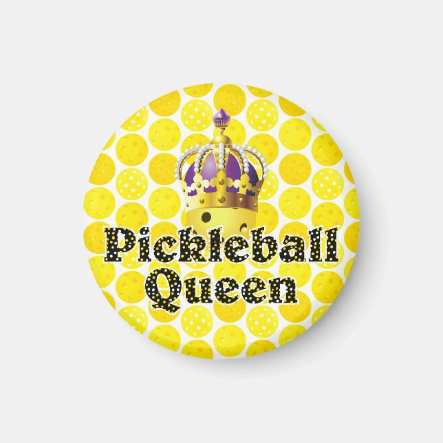 Pickleball Queen - Yellow Pickleball Wearing Crown Magnet (Front)