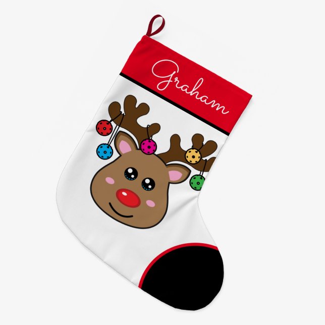 Pickleball Reindeer boy  Large Christmas Stocking (Front (Hanging))