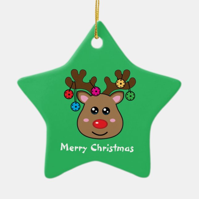 Pickleball  Reindeer 🎄 Ceramic Star shaped  Ceram Tree Decoration (Front)
