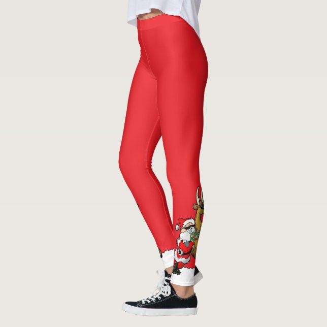 Pickleball Santa and Reindeer Christmas Cool Red Leggings (Left)