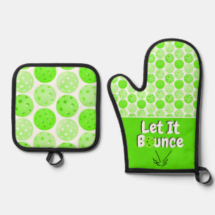 Pickleball Serve Let It Bounce Green Personalised Oven Mitt & Pot Holder Set