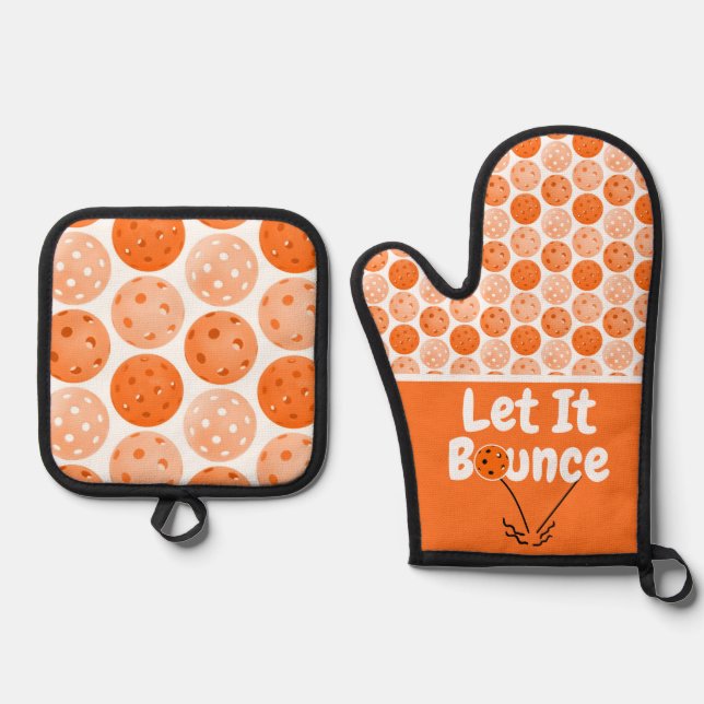 Pickleball Serve Let It Bounce Orange Personalised Oven Mitt & Pot Holder Set (Front)
