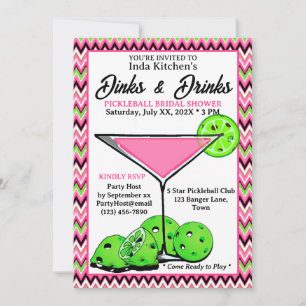 Pickleball Shower Dinks & Drinks Pink Chevron Invitation