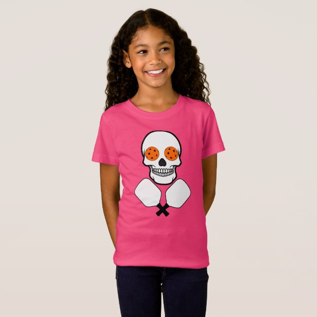 Pickleball Skull and Crossed Paddles, Orange Balls T-Shirt (Front Full)