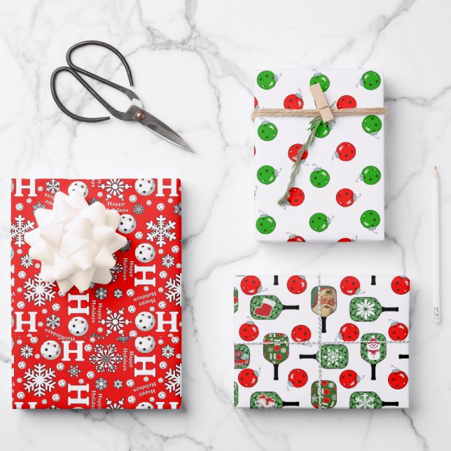Pickleball Snowballs Ornaments & Paddles Red Green Wrapping Paper Sheet (Front)