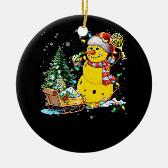 Pickleball Snowman Santa Hat Lights Christmas Pick Ceramic Tree Decoration (Front)