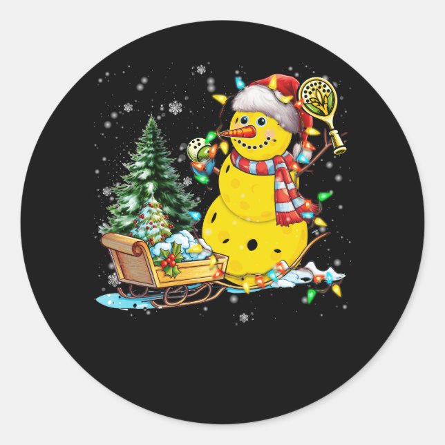 Pickleball Snowman Santa Hat Lights Christmas Pick Classic Round Sticker (Front)
