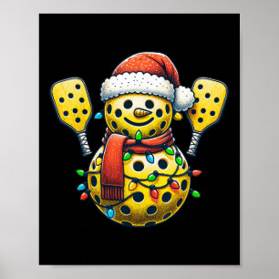Pickleball Snowman Santa Hat Lights Christmas Pick Poster
