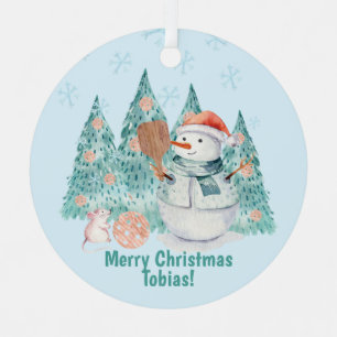 Pickleball Snowmen, minty Christmas Metal Tree Decoration