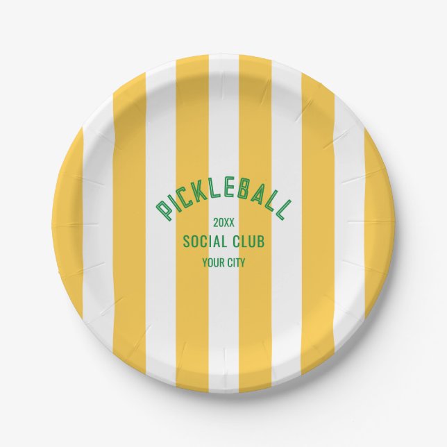 Pickleball Social Club Crest Yellow Cabana Stripe Paper Plate (Front)