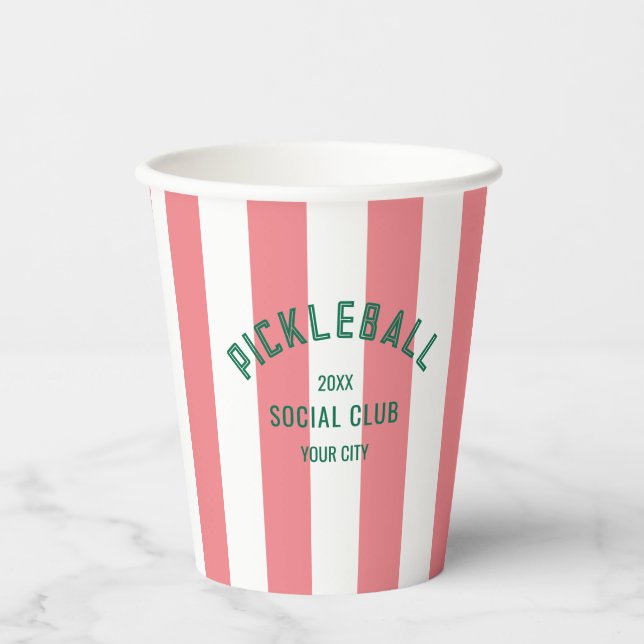 Pickleball Social Club Pink Cabana Stripe Party Paper Cups (Front)