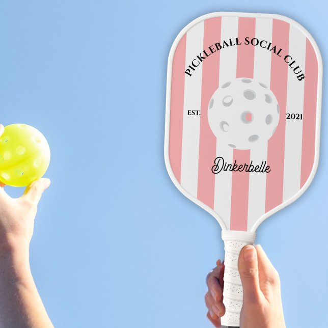 Pickleball Social Club Striped Personalised Paddle (Pickleball Social Club Personalized Paddle with pink stripes. )
