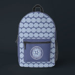 Pickleball Sports Funny Quote Name Initial Blue Printed Backpack<br><div class="desc">Cute unisex backpack design features two lines of customisable text for "Pickleball Champion" or a custom saying of choice and name or custom text in a timeless modern font arched over & under an image of a pickleball in light blue. The background on the front and sides coordinates colourful dark...</div>