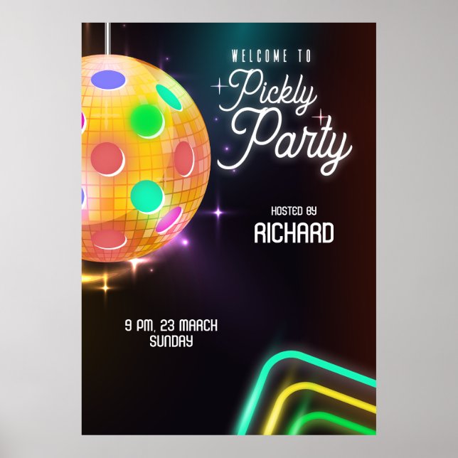 Pickleball Sports Neon Theme Disco ball Party Poster (Front)