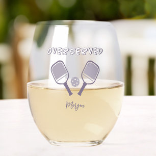 Pickleball Sports Pun Custom Name Purple Girly Fun Stemless Wine Glass