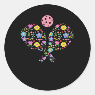 Pickleball Sports Racquet Racket Paddle Flowers Re Classic Round Sticker