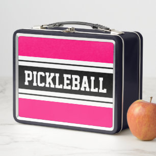PICKLEBALL Sporty Bold Pink Black White Stripes Metal Lunch Box