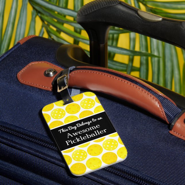 Pickleball Tournament Travel Yellow Pickleballs Luggage Tag (Front Insitu 1)