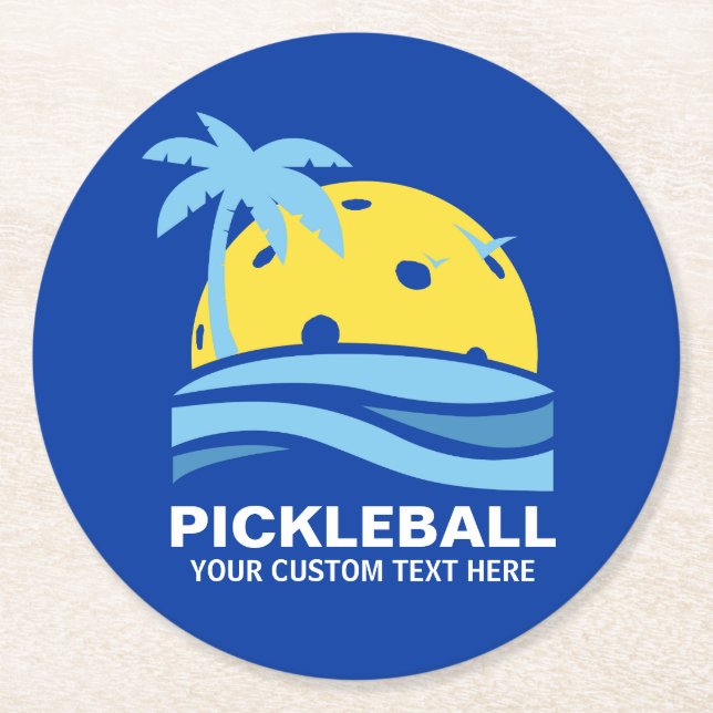 Pickleball Tropical Palm Tree Sun Your Custom Text Round Paper Coaster (Front)