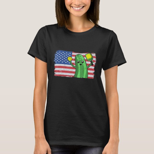 Pickleball Us American Flag Pickle With Paddle Pic T-Shirt (Front)