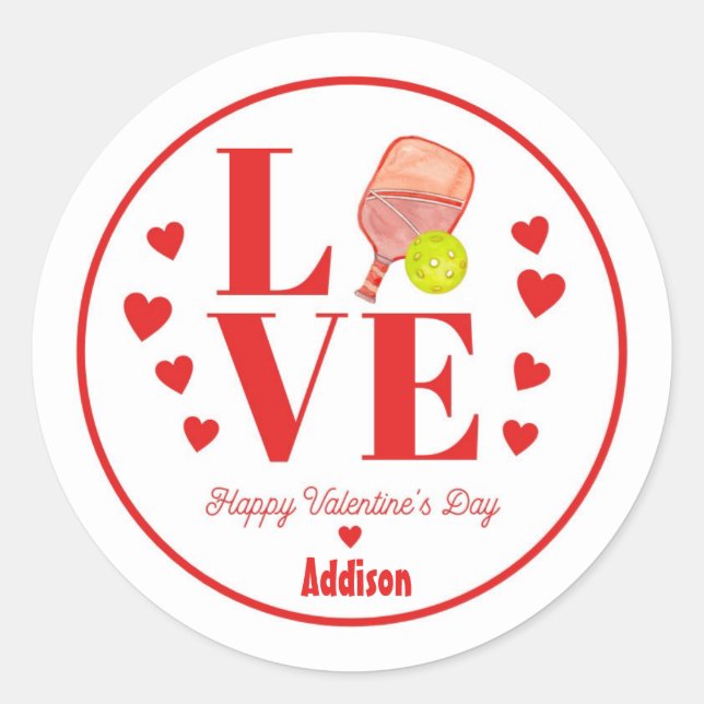 Pickleball Valentine Sticker, LOVE Pickleball Classic Round Sticker (Front)