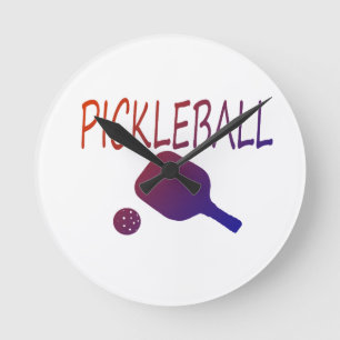 pickleball w paddle and ball orange to purple round clock