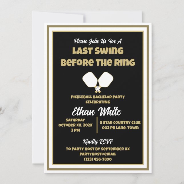 Pickleball Wedding Bachelor Party Black and Gold Invitation (Front)