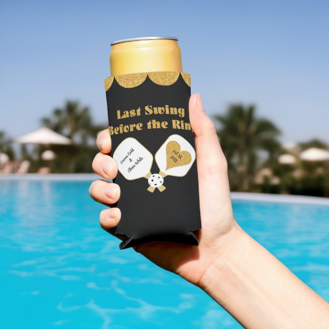 Pickleball Wedding Black and Gold Personalised Seltzer Can Cooler (In Situ Pool)