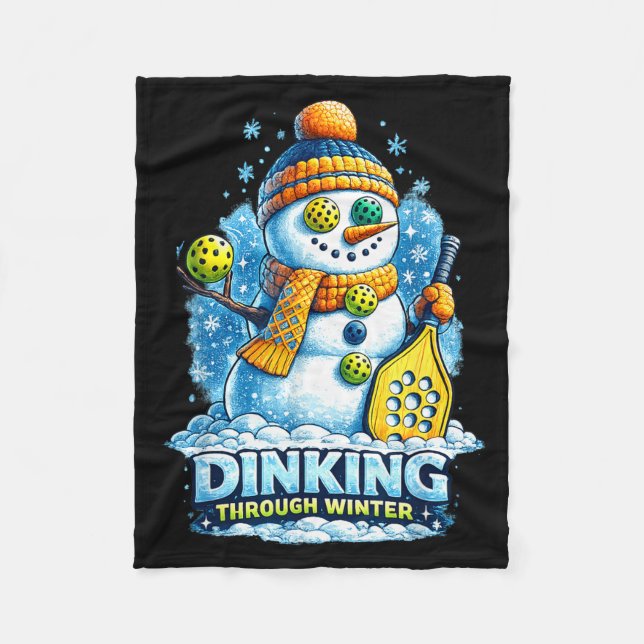 Pickleball winter snowman dinking through winter fleece blanket (Front)
