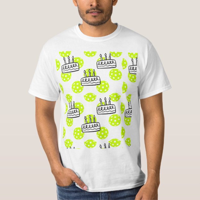 Pickleball with Birthday Cake on Yellow background T-Shirt (Front)