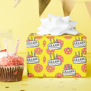 Pickleball with Birthday Cake on Yellow background Wrapping Paper