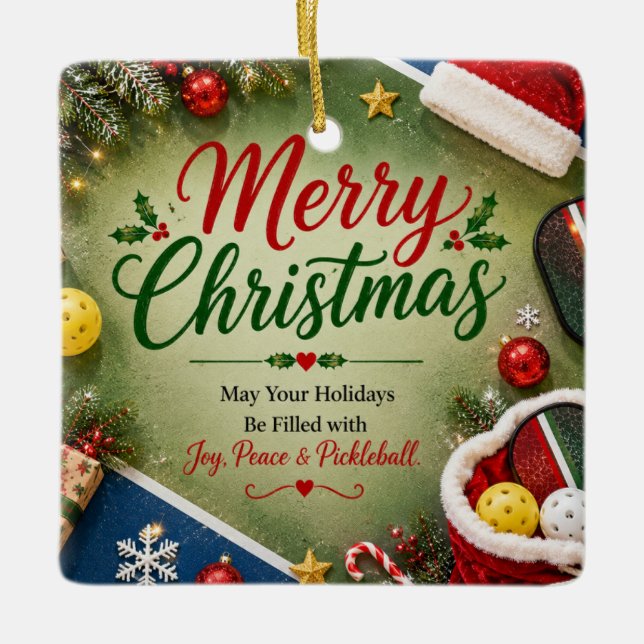 Pickleball with Christmas Frame Ceramic Ornament (Front)