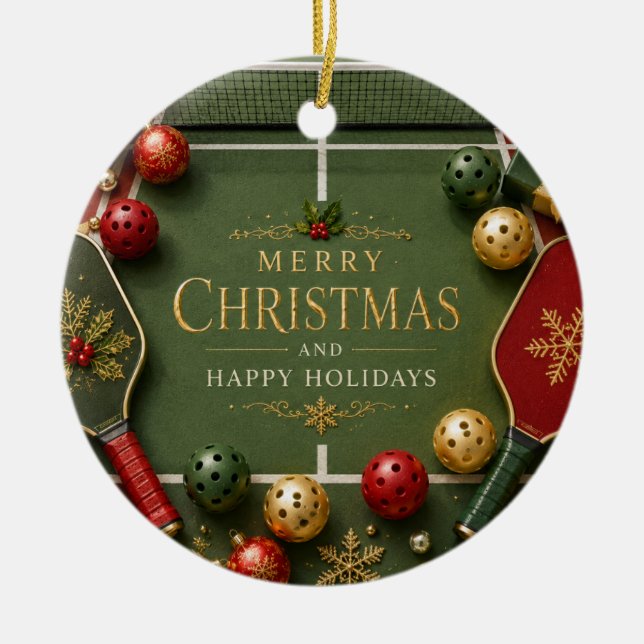 Pickleball with Christmas Frame Ceramic Tree Decoration (Front)