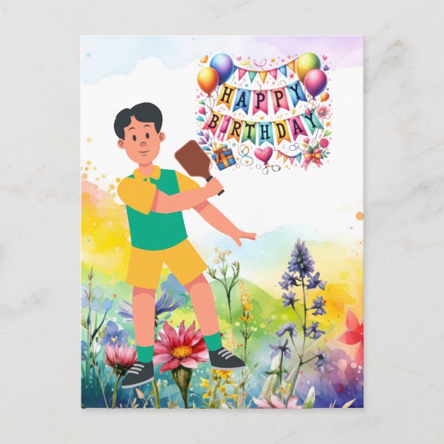 Pickleball with flowers rainbow themed Birthday  Postcard (Front)