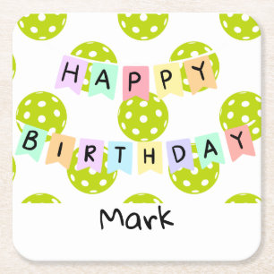 Pickleball with happy birthday banner square paper coaster