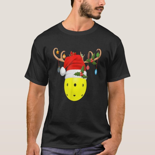 Pickleball Xmas Gift Reindeer Santa Hat Pickleball T-Shirt (Front)