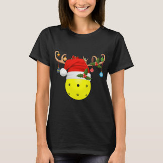 Pickleball Xmas Reindeer Santa Hat T-Shirt