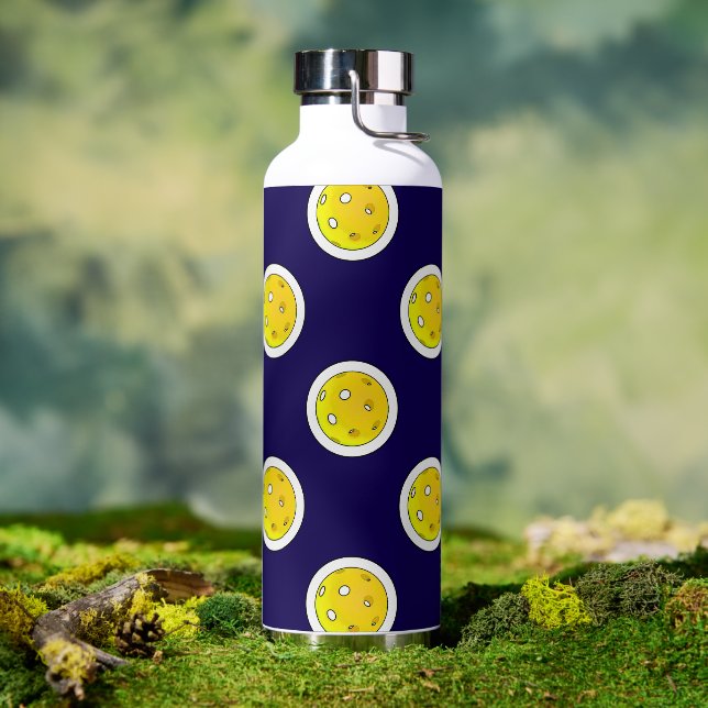 Pickleball Yellow Pickleballs Polka Dots on Navy Water Bottle (Outdoor)