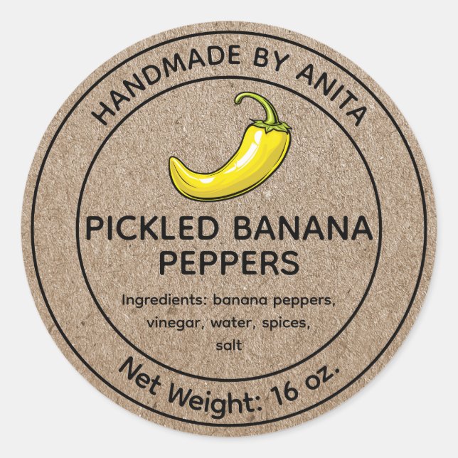 Pickled Banana Peppers Jar Label Kraft Themed (Front)
